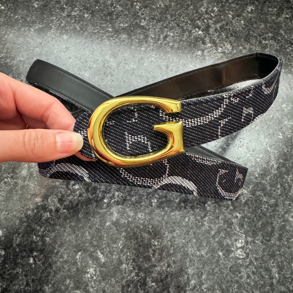 Guess Monogram Denim Belt Navy White Gold G Logo Buckle Womens Accessory